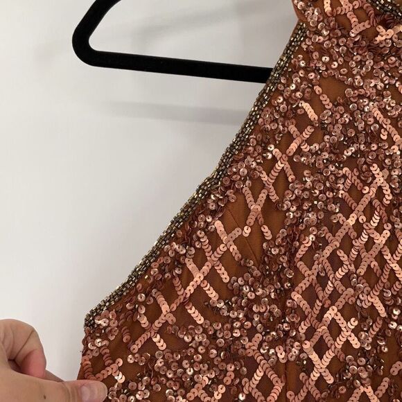 NWT Mac Duggal Copper Sequin Beaded Plaid Halter Neck Lined Cocktail Dress Size - Picture 6 of 16